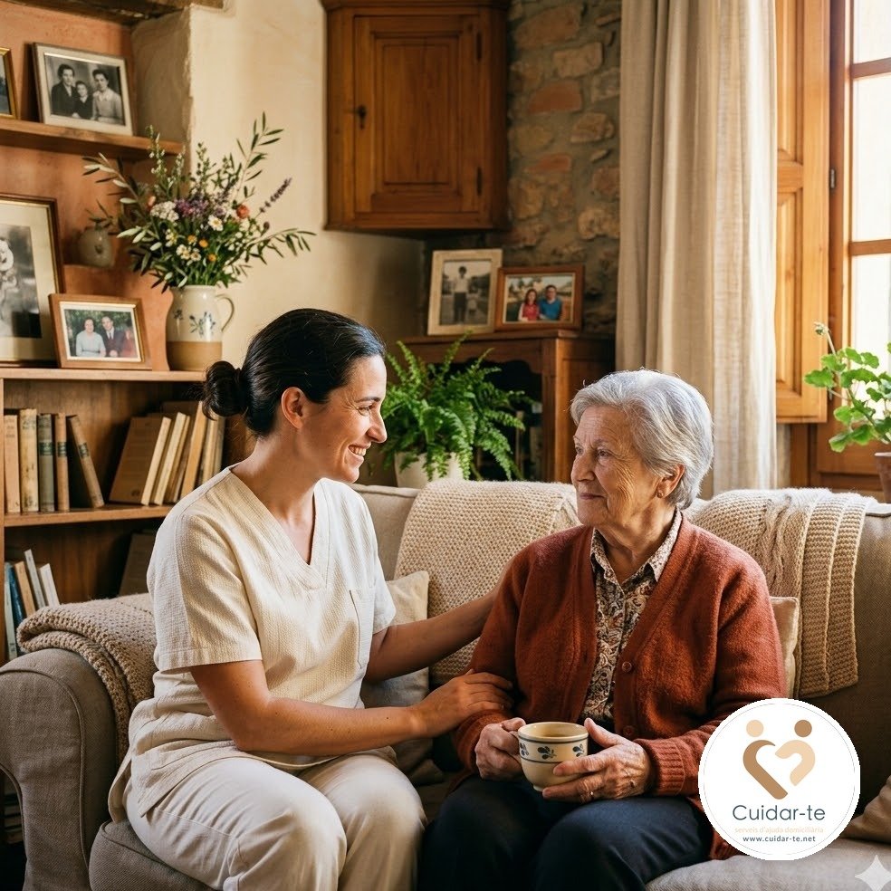Cuidadora de Cuidar-te acompanyant una persona gran a casa — ajuda domiciliària al Baix Montseny
