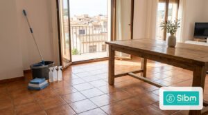 Menjador d'un pis mediterrani acabat de netejar, amb material de neteja professional a punt per a la tornada a la rutina de setembre